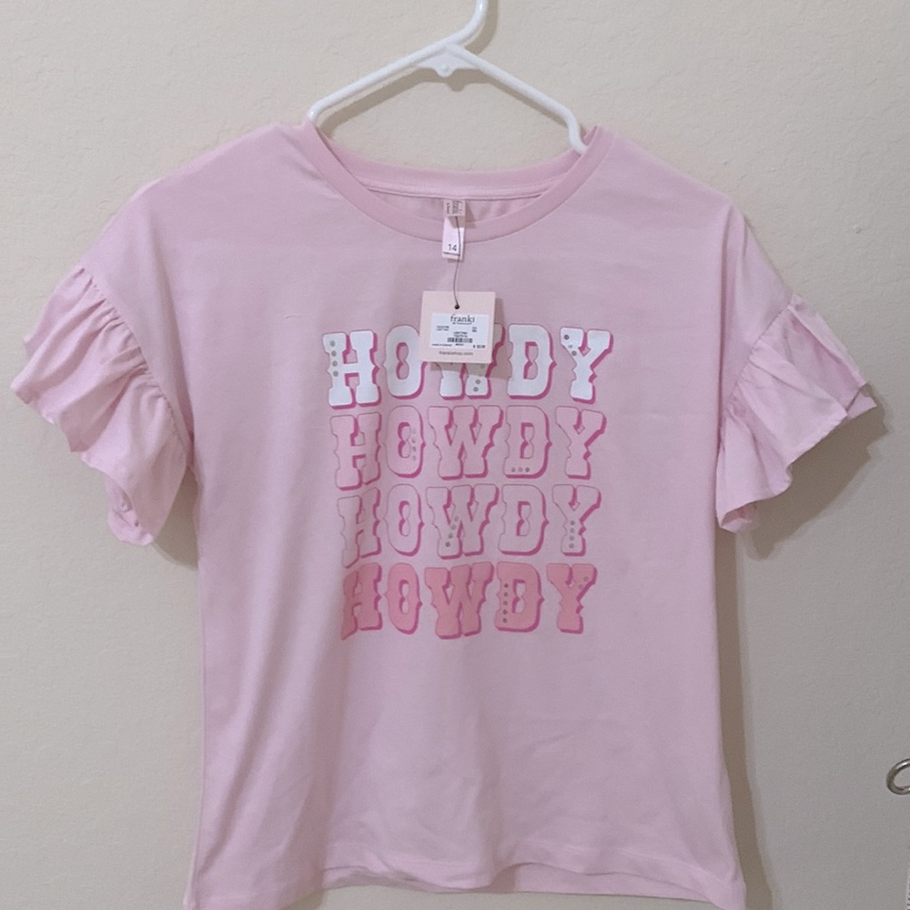NWT Francesca’s/Frankie “Howdy” ruffle sleeve shirt. Size 14 youth.